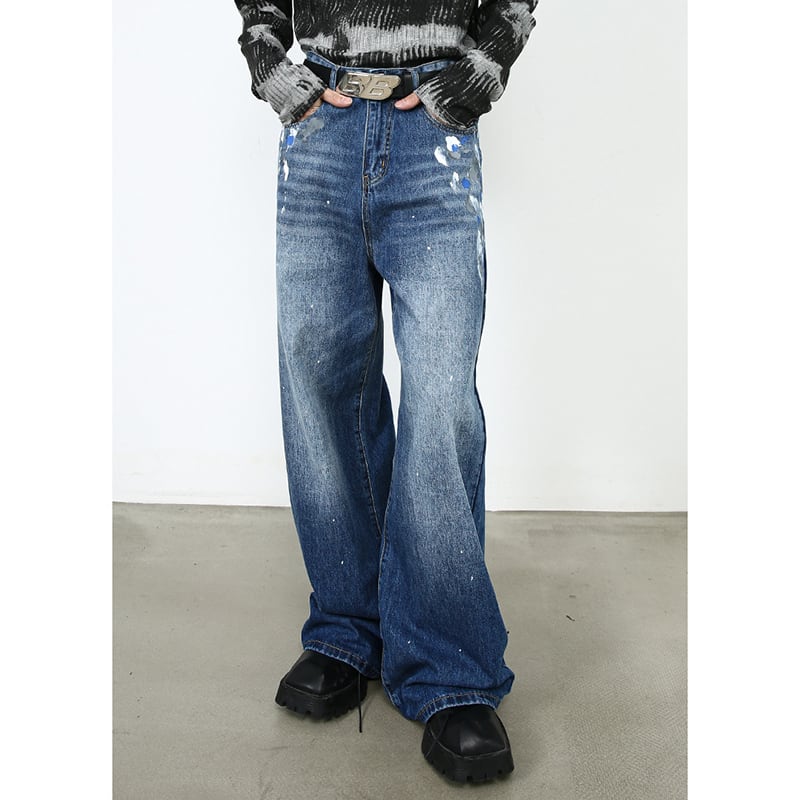 [M7 Series]★Denim Pants★ 2color Pants Bottoms Unisex Men's Graffiti Print Black Blue