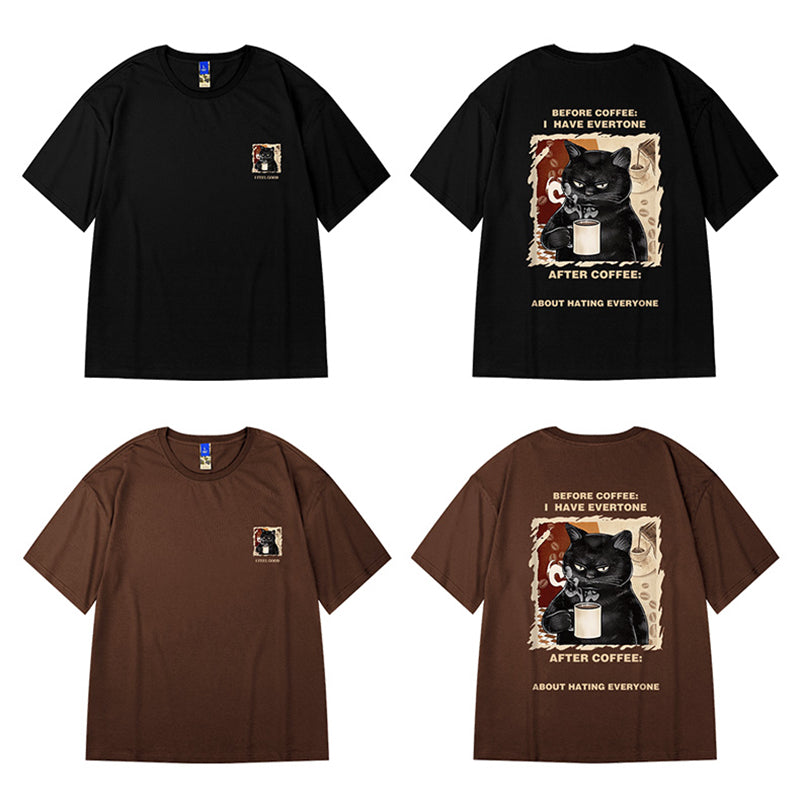 [MOYAN Series]★T-shirt★ 3color Tops Cat Unisex Men's Large Size Black White Coffee Color