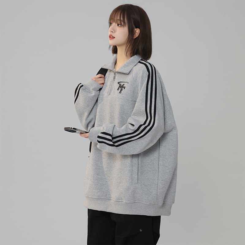 [Fujiiman series] ★Tops★ 3color sweatshirt POLO neck unisex men's vertical striped striped pattern gray white black