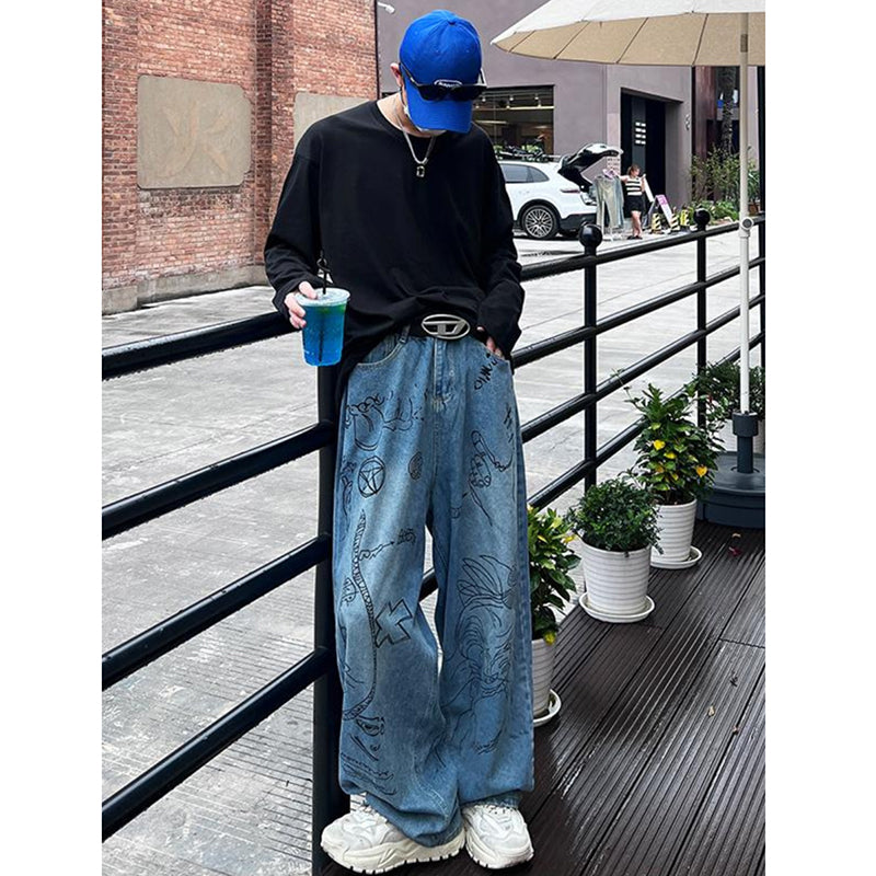 [XIHA Series]★Denim Pants★ Trousers Casual Pants Bottoms Unisex Men's Graffiti Blue Blue