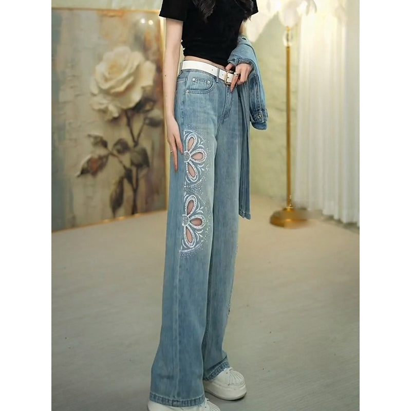 [OURI Series] ★Denim pants★ Trousers Bottoms Floral pattern Casual Easy to match Ladies Fashionable