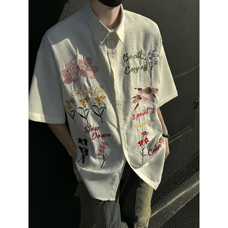 [NANSHI Series]★Shirt★ 2color Tops Embroidery Floral Pattern Short Sleeve Unisex Men's Casual Retro