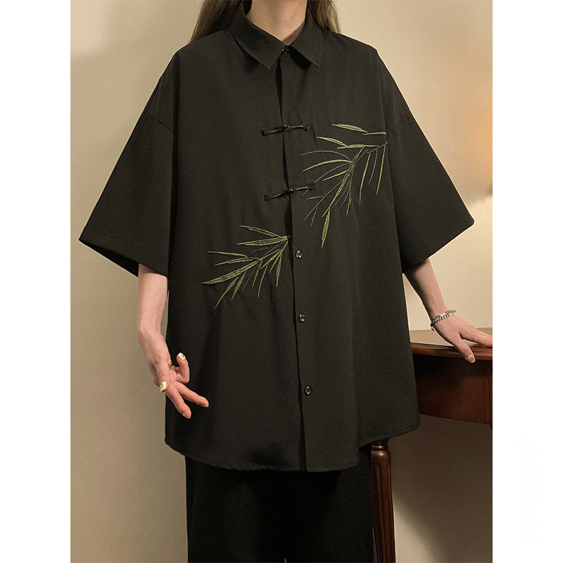 [BENGE Series] ★Chinese-style shirt★ 2 colors Tops Short-sleeved shirt Unisex Men's Large size Black White Embroidery