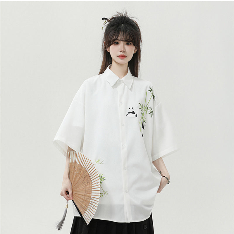 [SENSU series] ★Chinese style shirt★ 2 colors Tops Short sleeve shirt Unisex Men's Large size Panda Bamboo Embroidery Cool Summer clothes Black White