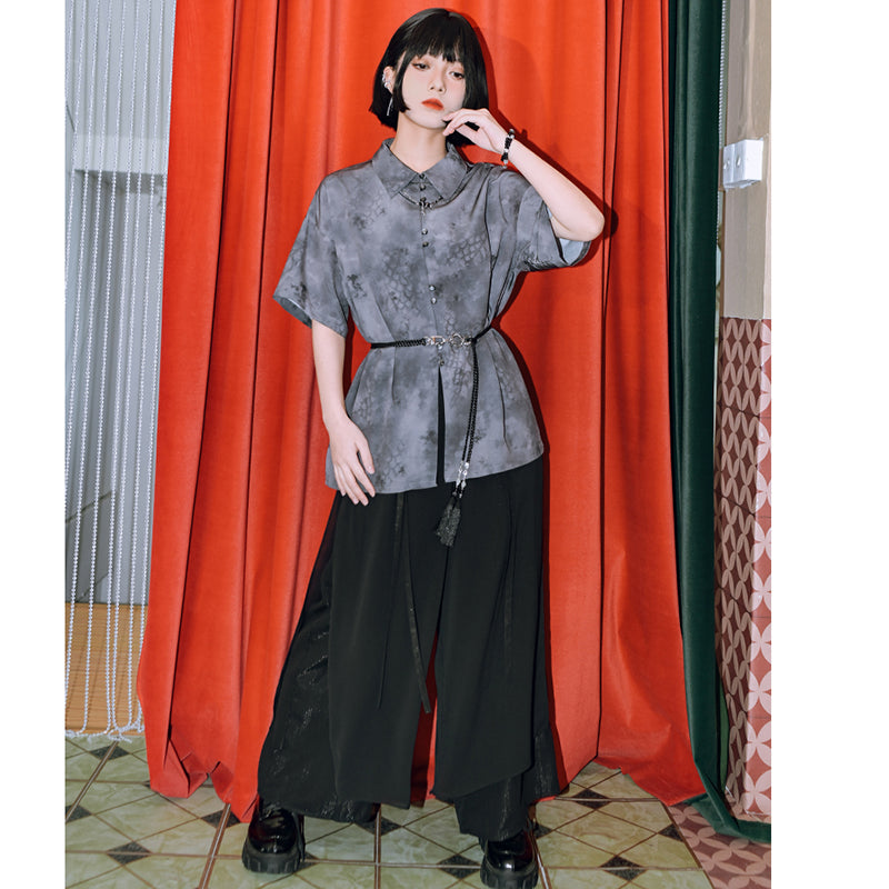 [Kokaisha Series] ★China style pants★ Chiffon gaucho pants Spring/Summer Loose Black Black SML XL