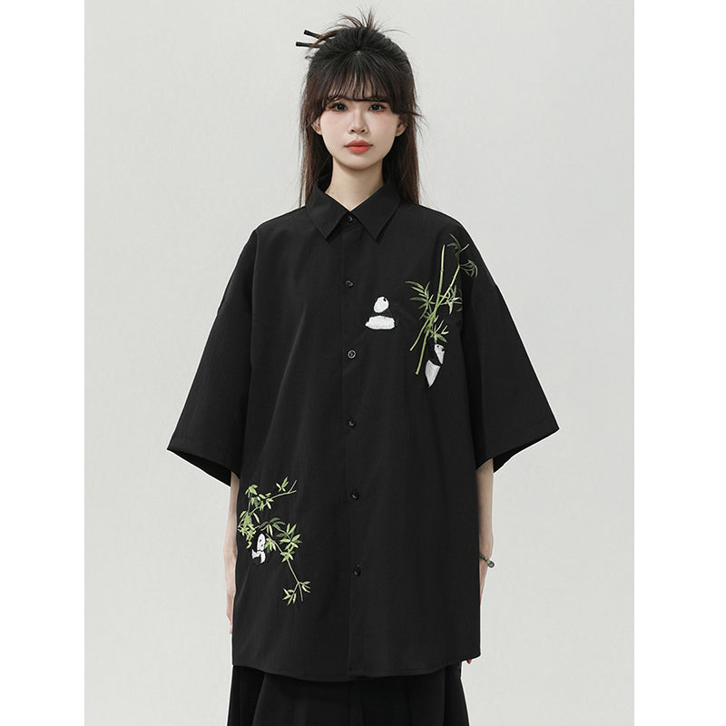 [SENSU series] ★Chinese style shirt★ 2 colors Tops Short sleeve shirt Unisex Men's Large size Panda Bamboo Embroidery Cool Summer clothes Black White