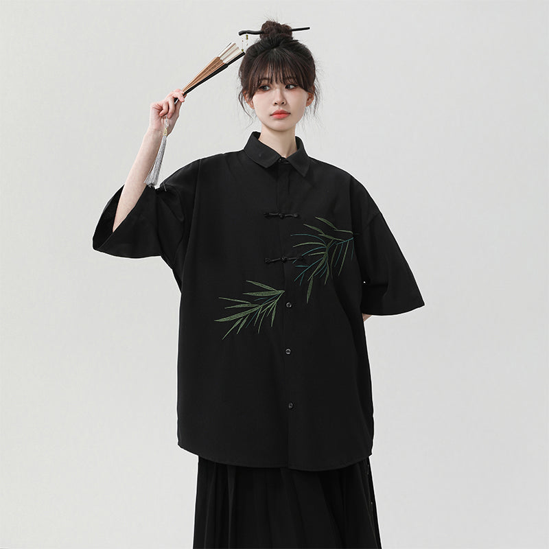 [BENGE Series] ★Chinese-style shirt★ 2 colors Tops Short-sleeved shirt Unisex Men's Large size Black White Embroidery