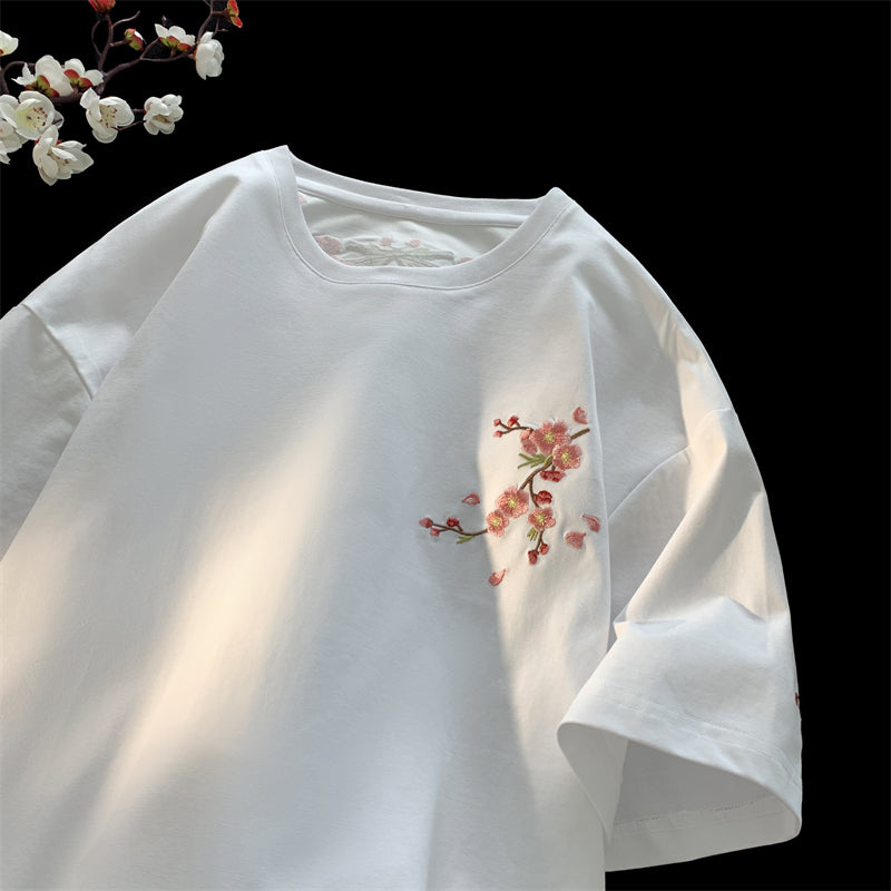 【Vesiboシリーズ】★チャイナ風トップス★ Tシャツ 半袖 刺繍 花柄 梅の花 男女兼用 メンズ ブラック ホワイト