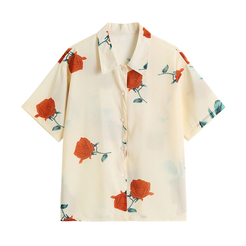 [YOUZI Series] ★Tops★ Shirt, Short Sleeve, Floral Pattern, Rose, Women's, Improves Temperament, Chiffon, Thin, Summer Clothes