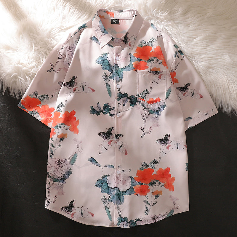 Very popular item [BEAT BOY series]★China style shirt★ Letter pattern Kanji short sleeve shirt Floral pattern shirt Print tops Unisex Men's ML XL 2XL