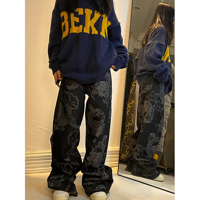 [YOULIN Series] ★China style trousers★ Denim pants, trousers, casual pants, bottoms, unisex, men's, dragon, dragon pattern