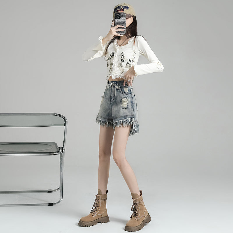 [Flower Series] ★Shorts★ Shorts Pants Denim 2color Easy to match Summer SML Blue Black