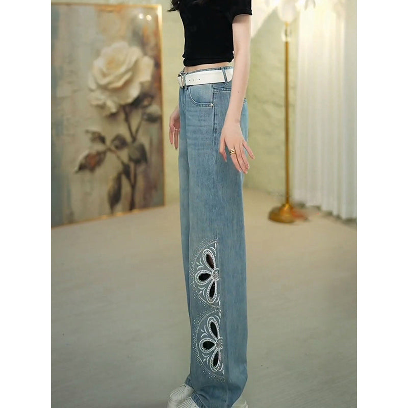 [OURI Series] ★Denim pants★ Trousers Bottoms Floral pattern Casual Easy to match Ladies Fashionable