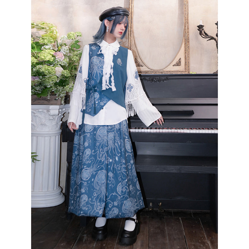 [Kokaisha---Butterfly Gin Series] Chinese-style trousers, bottoms, gaucho pants, original, slimming, switching, floral pattern