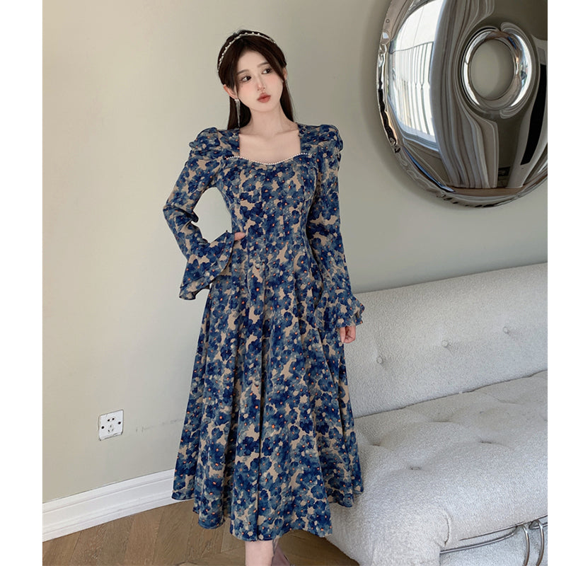 [JIGUJIGU Series] ★One Piece★ Women's Long Sleeve Floral Pattern Dress Retro Easy to Match Large Size