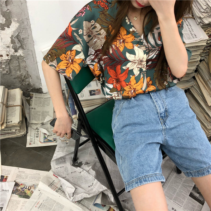 [YOUZI Series] ★Tops★ Shirt, short sleeve, floral pattern, women's, improves temperament, chiffon, thin, summer clothes, easy to match