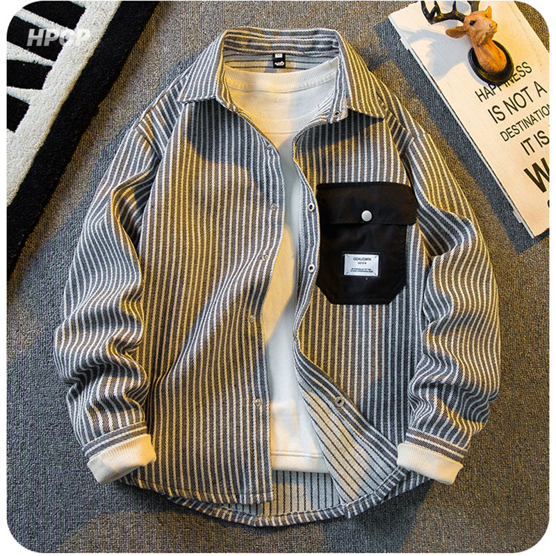 [HPCP Series]★Shirt★ 3color Tops Long Sleeve Shirt Unisex Men's Vertical Striped Striped Pattern Black Khaki Brown Green