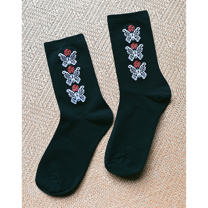 [Kogakusha---Flower Bone Series] ★Socks★ Chinese-style socks, cotton, butterfly print, easy to match, black