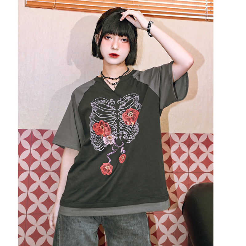 [Kokaisha---Hanabone Series] ★Chinese-style top★ Short-sleeved T-shirt, printed, unique, original, V-neck, cotton