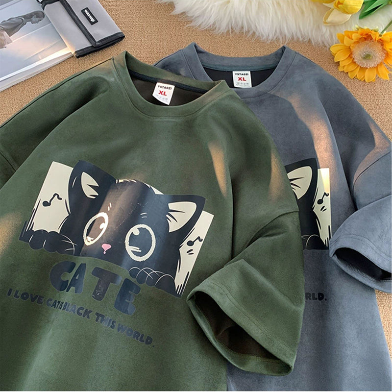 【PPGシリーズ】★Tシャツ★ 5color トップス 半袖 男女兼用 メンズ 大きいサイズ スエード 猫 ねこ ネコ 猫柄