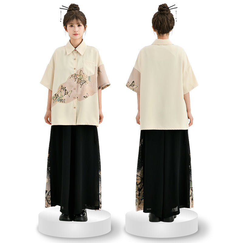 [Kokaisha---Butterfly Gin Series] Chinese-style trousers, bottoms, gaucho pants, original, slimming, switching, floral pattern