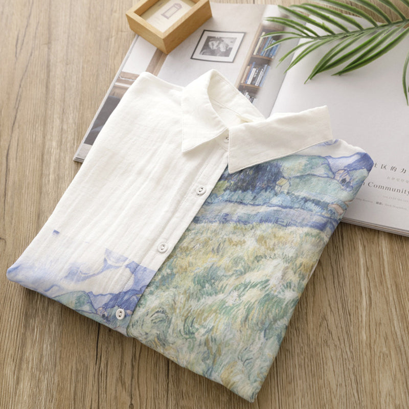 [XIUZHI Series] ★Long-sleeved shirt★ Tops for women, oil painting style, cotton, white, blue, improves your temperament