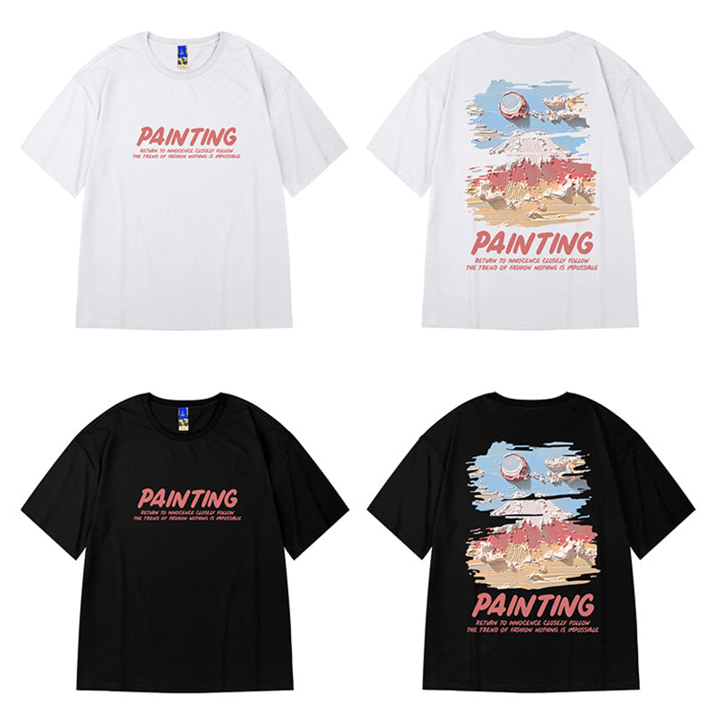 【MOYANシリーズ】★Tシャツ★ 綿100％ 厚て 3color トップス 油絵風 男女兼用 メンズ 大きいサイズ 黒 白 アプリコット