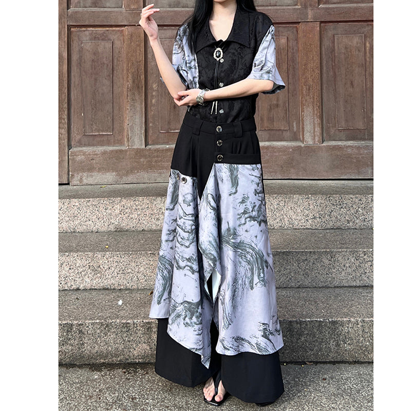 [Illustrated series]★China style pants★Bottoms China button black black unisex men's casual pants