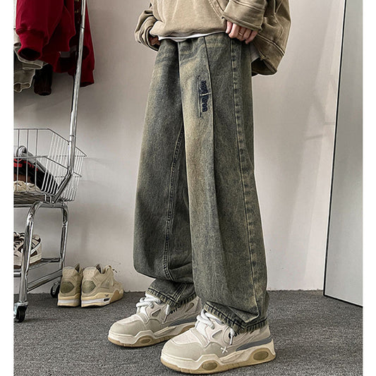 [V37 Series]★Trousers★ Denim pants bottoms Unisex Men's Embroidery Retro Alphabet