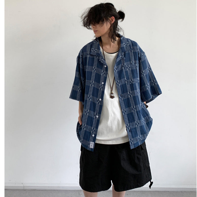 [JIWU series] ★Chinese style tops★ 2 colors Shirt Outerwear Short sleeve Denim Unisex Men's Casual Black Blue