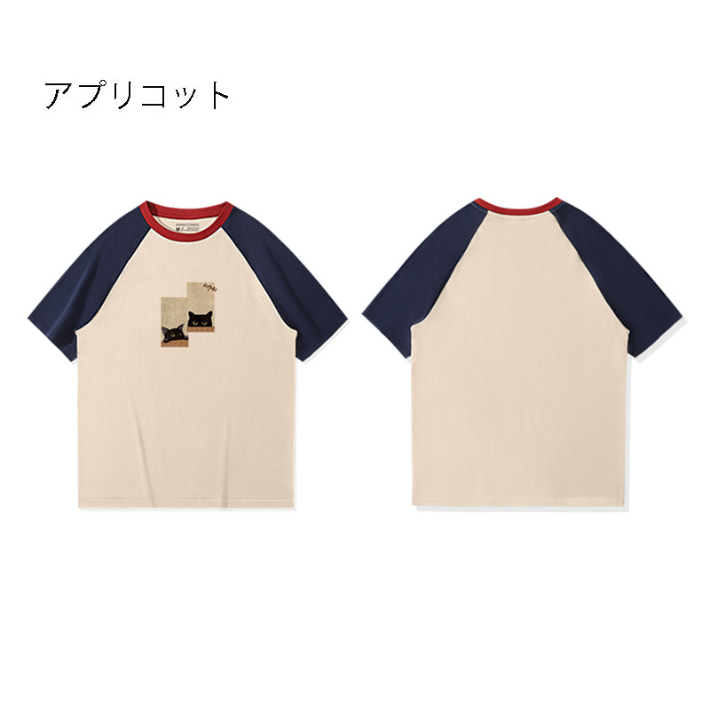 【KAMUシリーズ】★Tシャツ★ 4color トップス コットン 半袖 猫 ねこ ネコ 男女兼用 メンズ 配色 可愛い