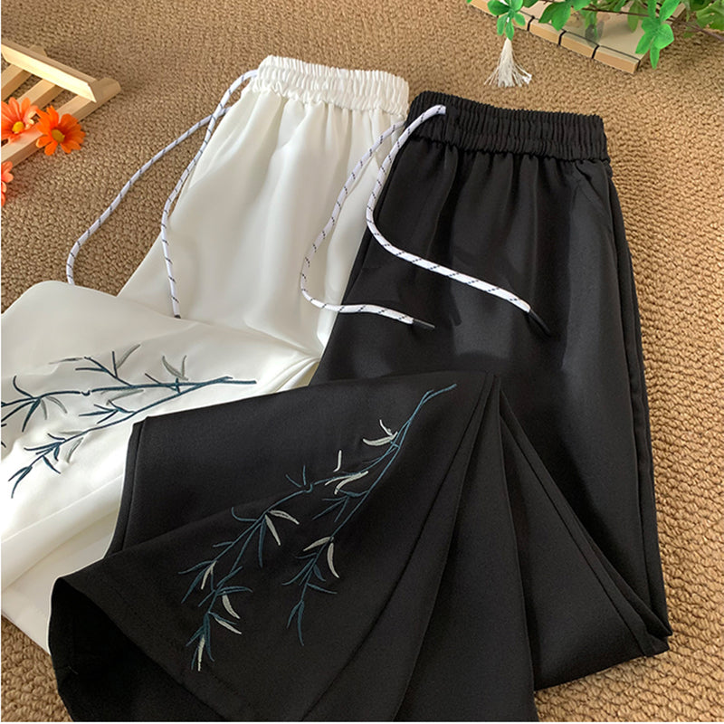 [KADISHOU Series] ★Chinese-style pants★ 2 colors Embroidered bamboo Casual pants Bottoms Unisex Men's Large size Black White