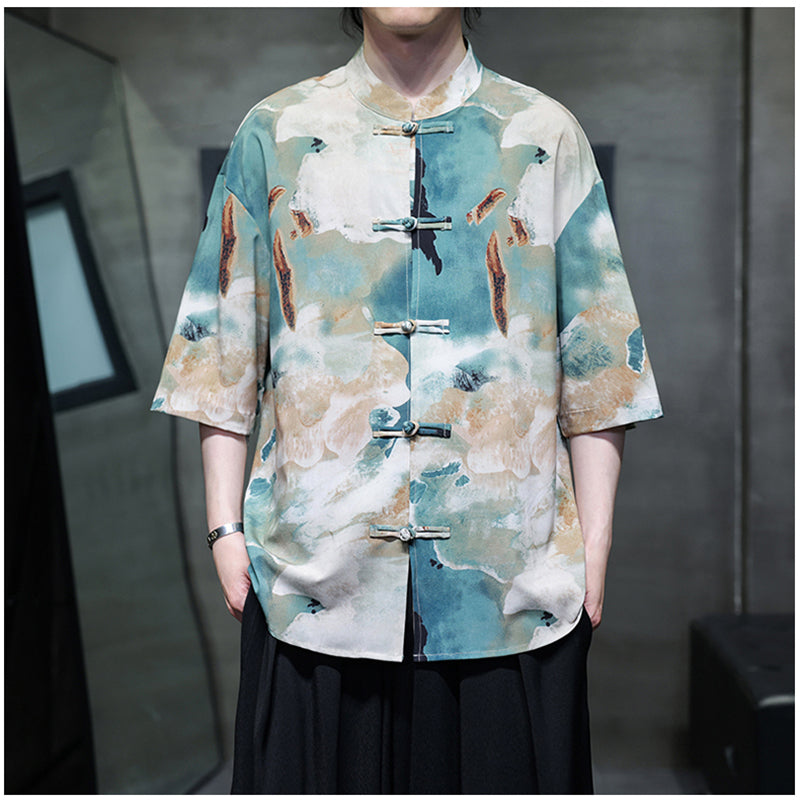 [BIGEMAN Series] ★China style tops★ 2color shirt, bamboo pattern, bamboo, short sleeves, unisex, men's, large size, black white