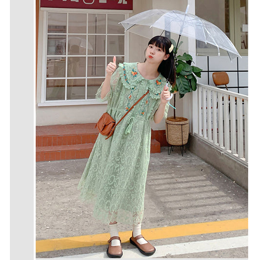 [MUCHA Series] ★One Piece★ Lace Embroidery Ladies Cute Temperament Up Date Commuting Green Green