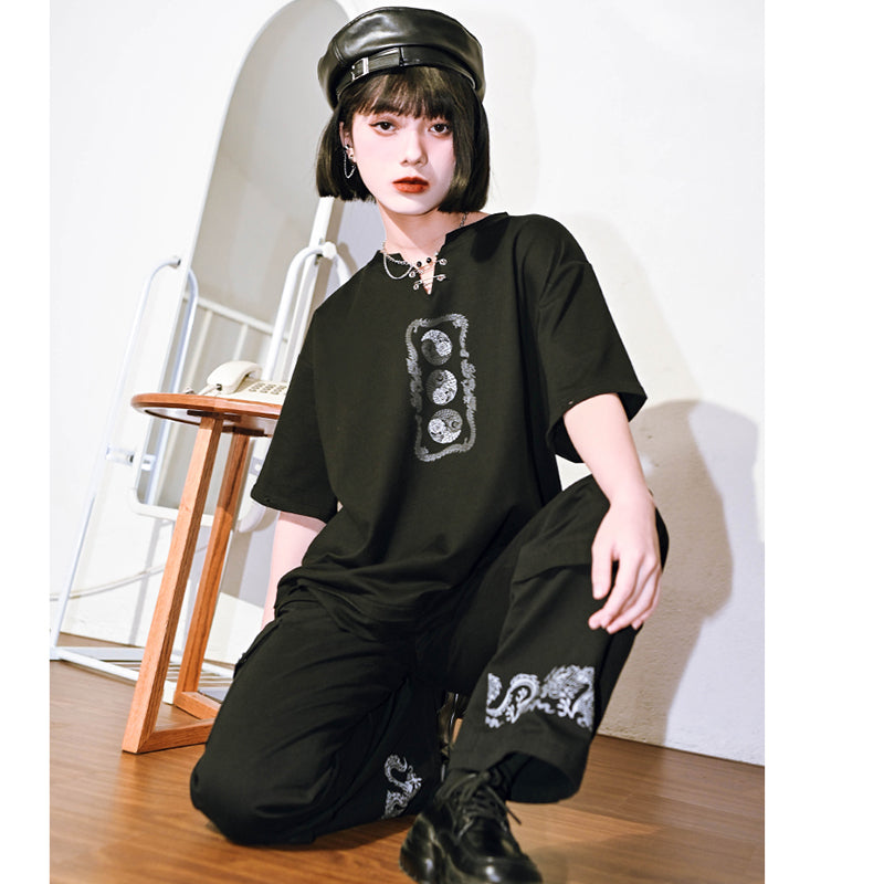 [Kugaisha---Kenkun Series] ★Chinese-style tops★ T-shirt, short sleeves, long sleeves, unique, original, text pattern, black