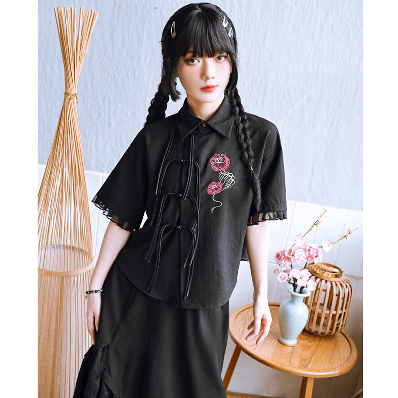 [Kogakusha---Hanabone Series] ★Chinese-style tops★ Embroidered short-sleeved shirt, unique, original design, Chinese clothing