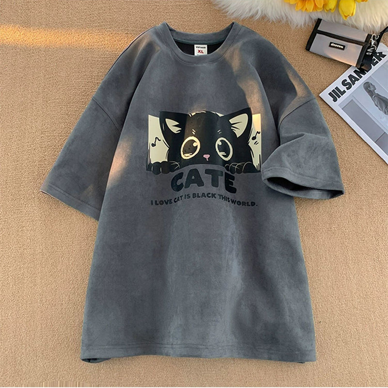 【PPGシリーズ】★Tシャツ★ 5color トップス 半袖 男女兼用 メンズ 大きいサイズ スエード 猫 ねこ ネコ 猫柄