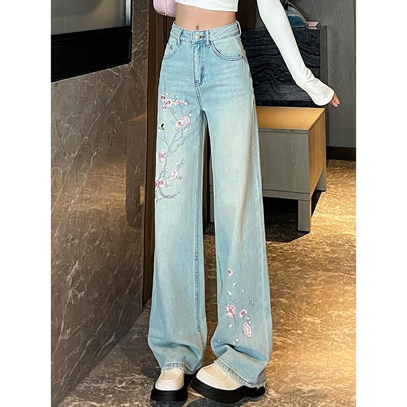 [OURI Series] ★Denim pants★ Trousers Bottoms Floral pattern Casual Easy to match Ladies Fashionable