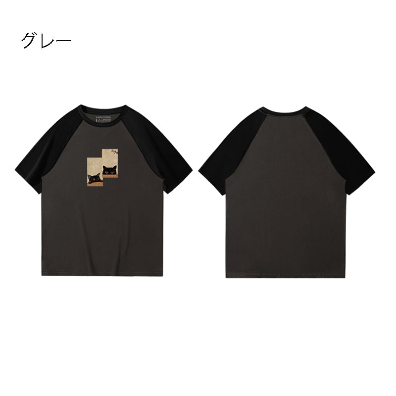 [KAMU Series]★T-shirt★ 4color Tops Cotton Short Sleeve Cat Unisex Men's Color Scheme Cute