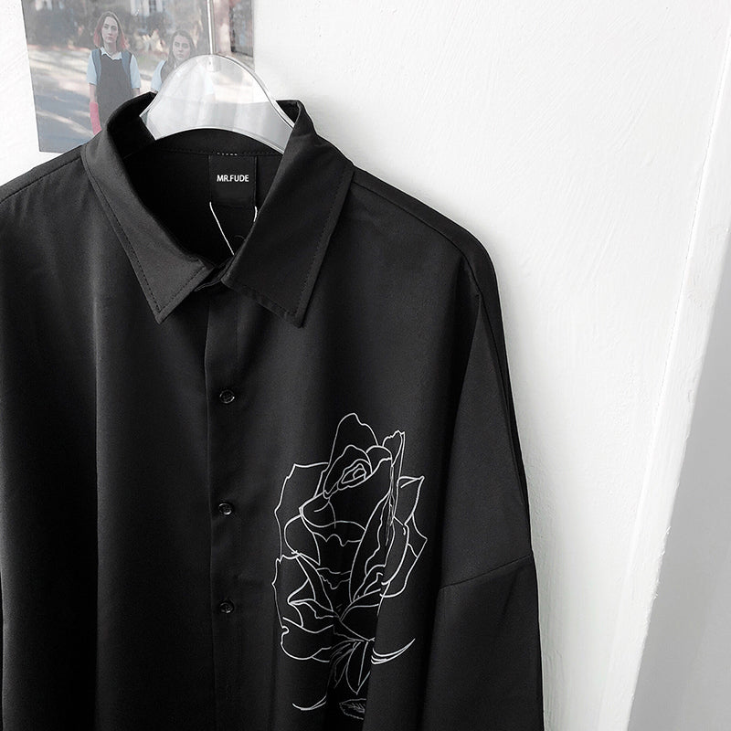 [Fudoku Sensei Series]★Shirt★ 2color long sleeve shirt tops unisex men's black white rose