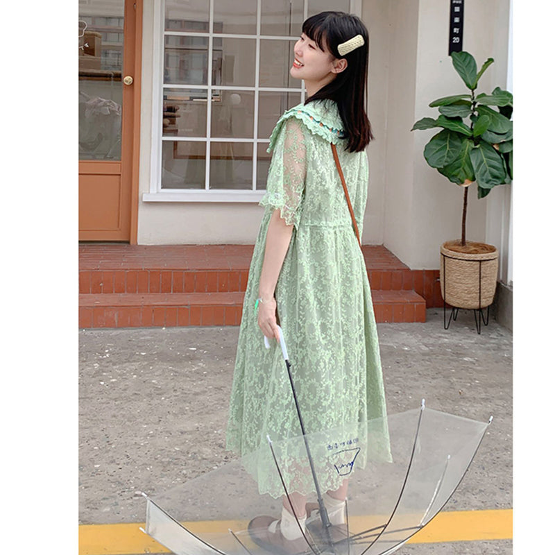 [MUCHA Series] ★One Piece★ Lace Embroidery Ladies Cute Temperament Up Date Commuting Green Green