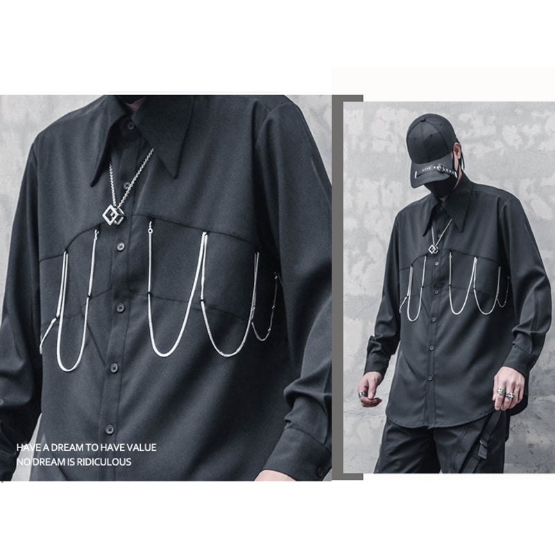 [WL Series]★Shirt★ Tops Long Sleeve Shirt Chain Unisex Men's Black Harajuku Style