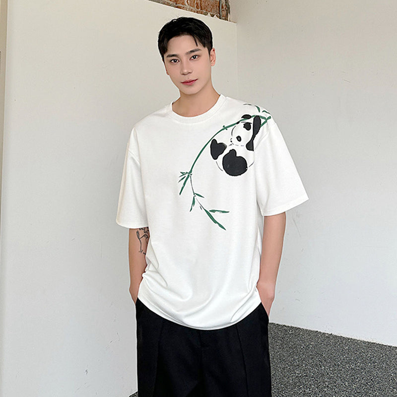 [ZHUIYI series] ★Chinese style tops★ 2color T-shirt, short sleeve, bamboo, bamboo pattern, panda, men's, casual, black, white