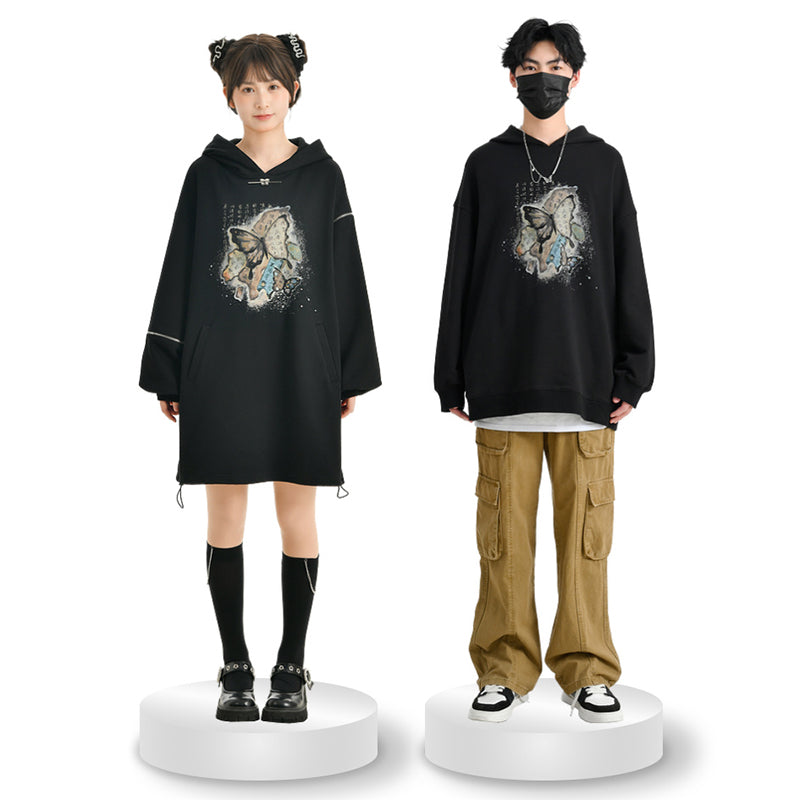 [Mori Onna Buraku Series]★China style top★ Parka Butterfly Unisex Men's Women's Cotton Black Black