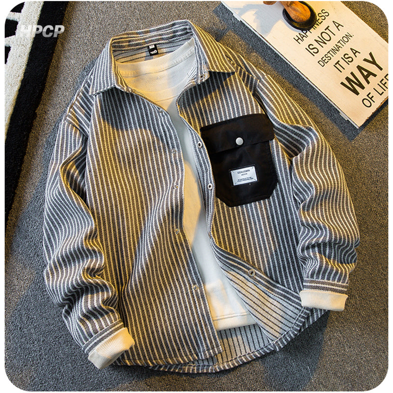 [HPCP Series]★Shirt★ 3color Tops Long Sleeve Shirt Unisex Men's Vertical Striped Striped Pattern Black Khaki Brown Green