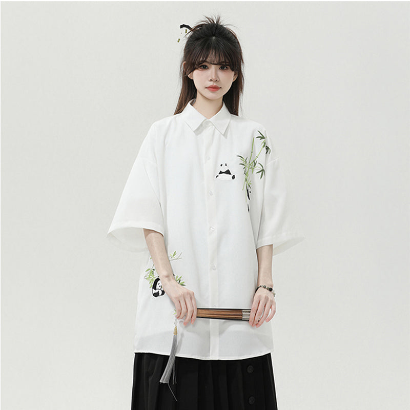 [SENSU series] ★Chinese style shirt★ 2 colors Tops Short sleeve shirt Unisex Men's Large size Panda Bamboo Embroidery Cool Summer clothes Black White