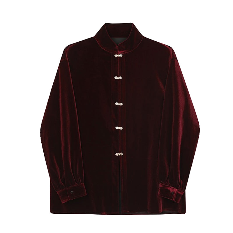 [Illustrated series] ★China style shirt★ 2color long sleeve shirt tops velvet unisex men's black wine red