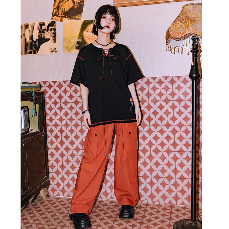 [Kokaisha Series] ★China style pants★ Chiffon gaucho pants Spring/Summer Loose Black Black SML XL