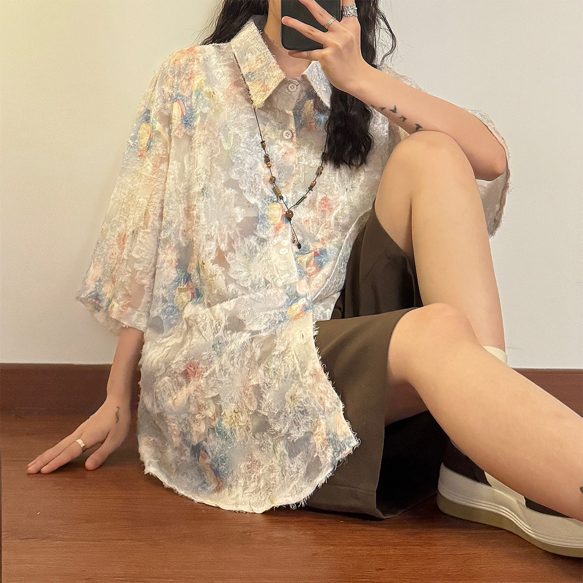 【UATONLINEシリーズ】★シャツ★ トップス 半袖 男女兼用 メンズ 花柄 可愛い カジュアル 夏服 合わせやすい