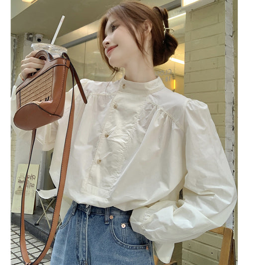 [YIHAO Series]★Shirt★ Tops Long Sleeve Shirt Women's Simple Stand Neck Retro Easy to Match